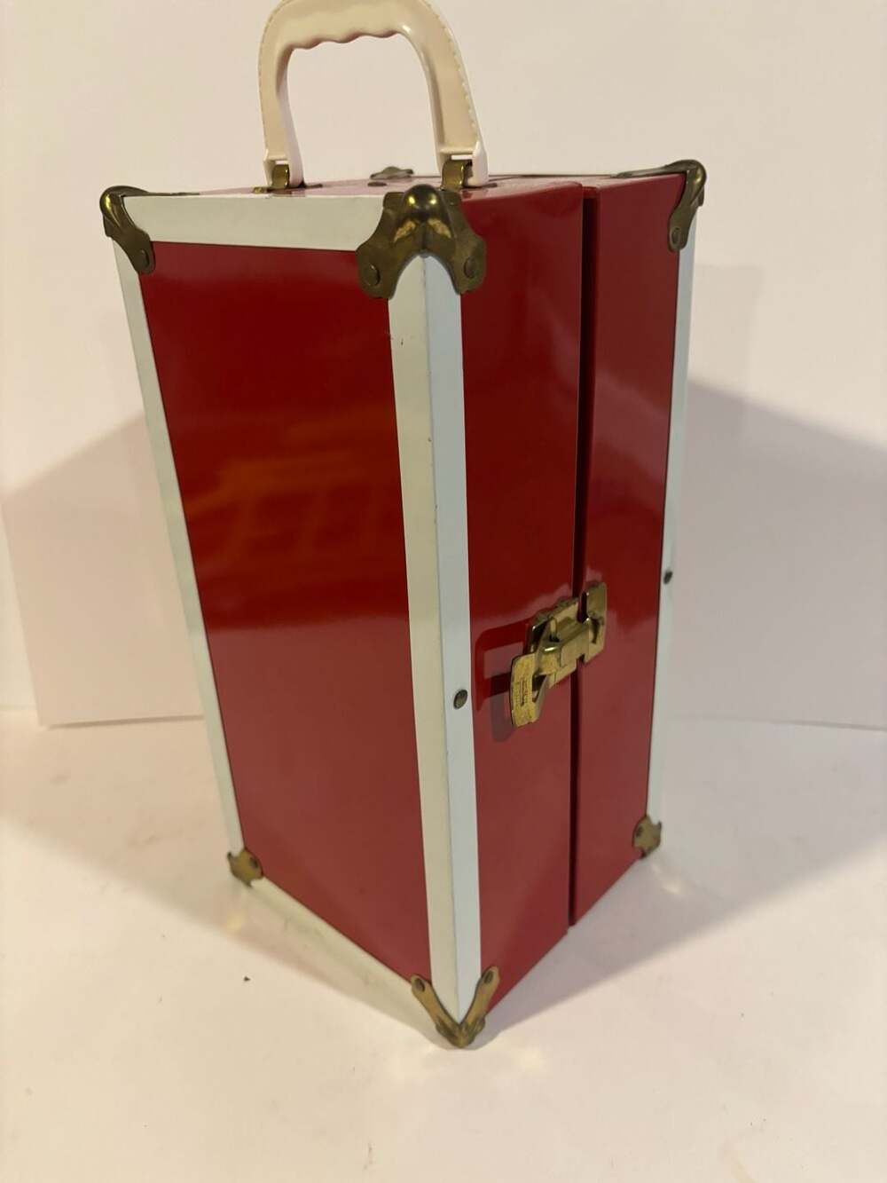Vintage Red and White Metal Doll Wardrobe Trunk Case with Atomic Star Pattern
